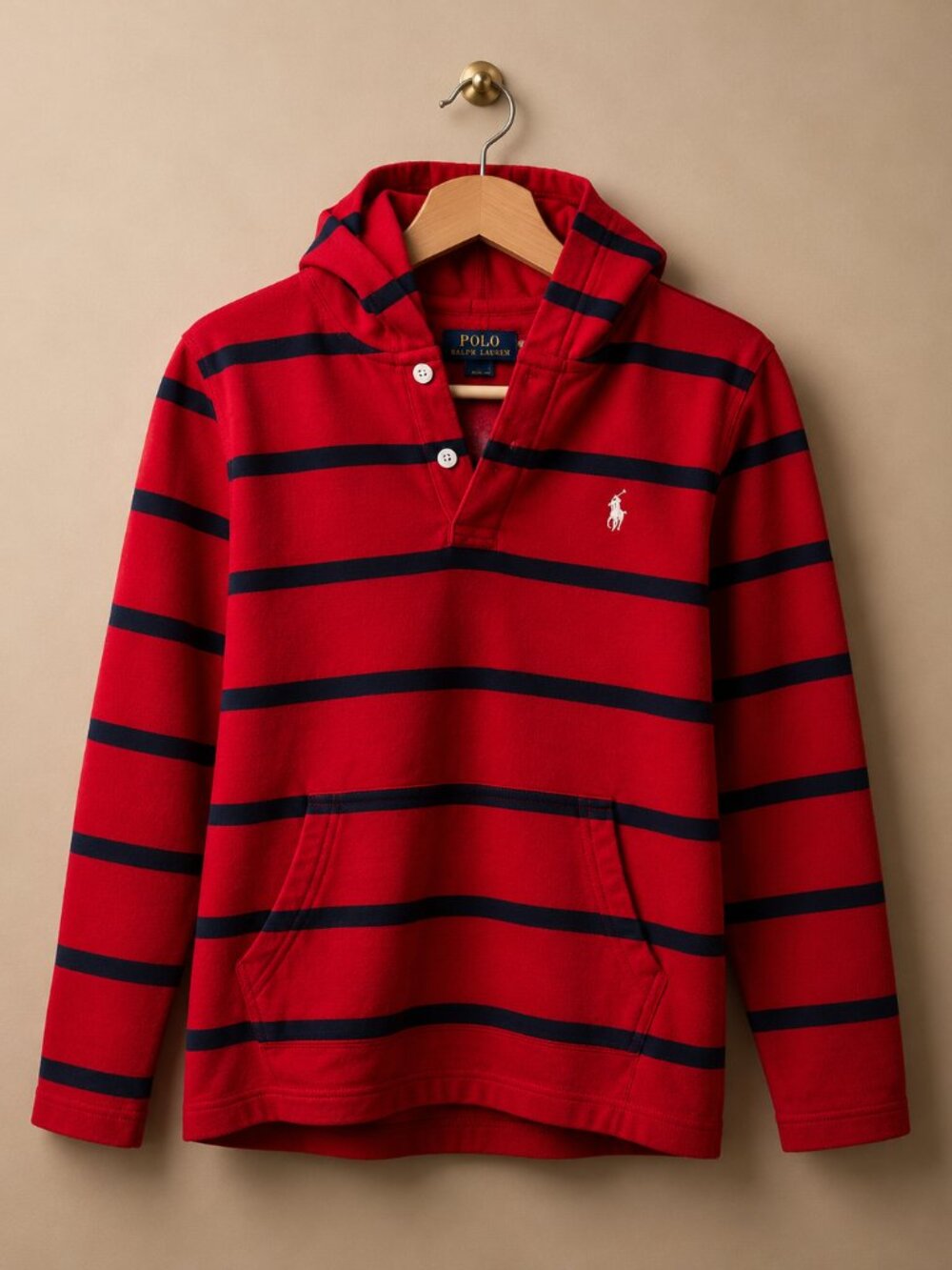 Polo Ralph Lauren Boys XL Red Navy Striped Hooded Pullover Hoodie